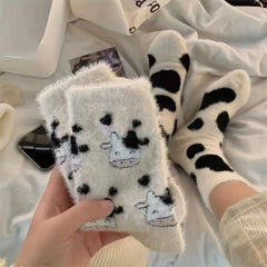 2 Pairs Cartoon Cow Spot Socks Warm & Fuzzy Stockings