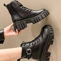 Women's Platform Combat Boots Lace Up Buckle Side Zipper Fashion Boots