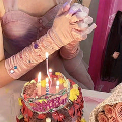Pink Satin Rhinestone Gloves for Women