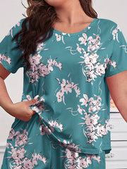 Floral Print Pajama Set Short Sleeve Tee & Pants Loungewear
