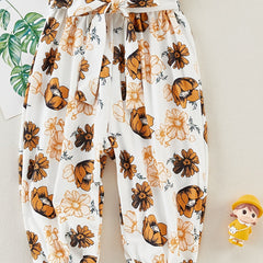 Girls Floral Print Trousers Ruffles Belted Pants Summer Clothes