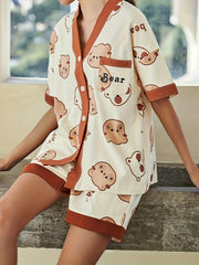 Bear Print Lounge Set Short Sleeve Top & Shorts Women's Loungewear