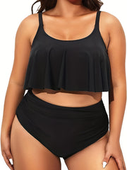 Solid Ruffle Trim Tankini Set