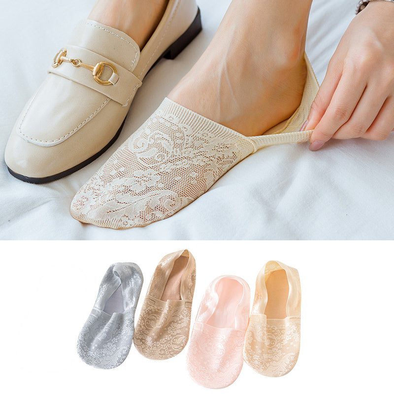 4 Pairs Lace No Show Socks Anti Skid Invisible Boat Socks Women's Stockings