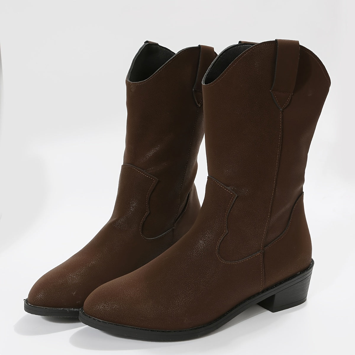 Women's V Cut Mid Calf Boots Slip On Block Heel Cowgirl Boots