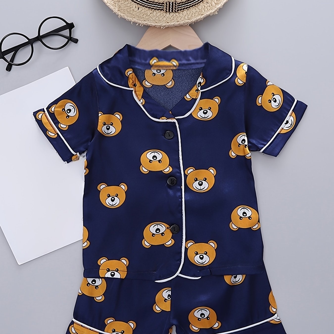 Girls Bear Pattern Pajama Set Short Sleeve Top & Shorts Kids Summer Clothes