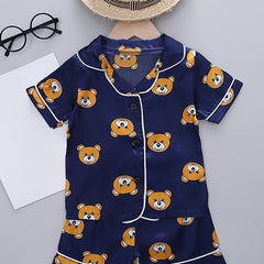Girls Bear Pattern Pajama Set Short Sleeve Top & Shorts Kids Summer Clothes