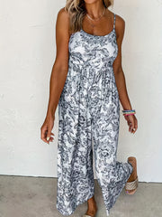 Women's Plus Floral Print Round Neck High Stretch Pleated Cami Jumpsuit