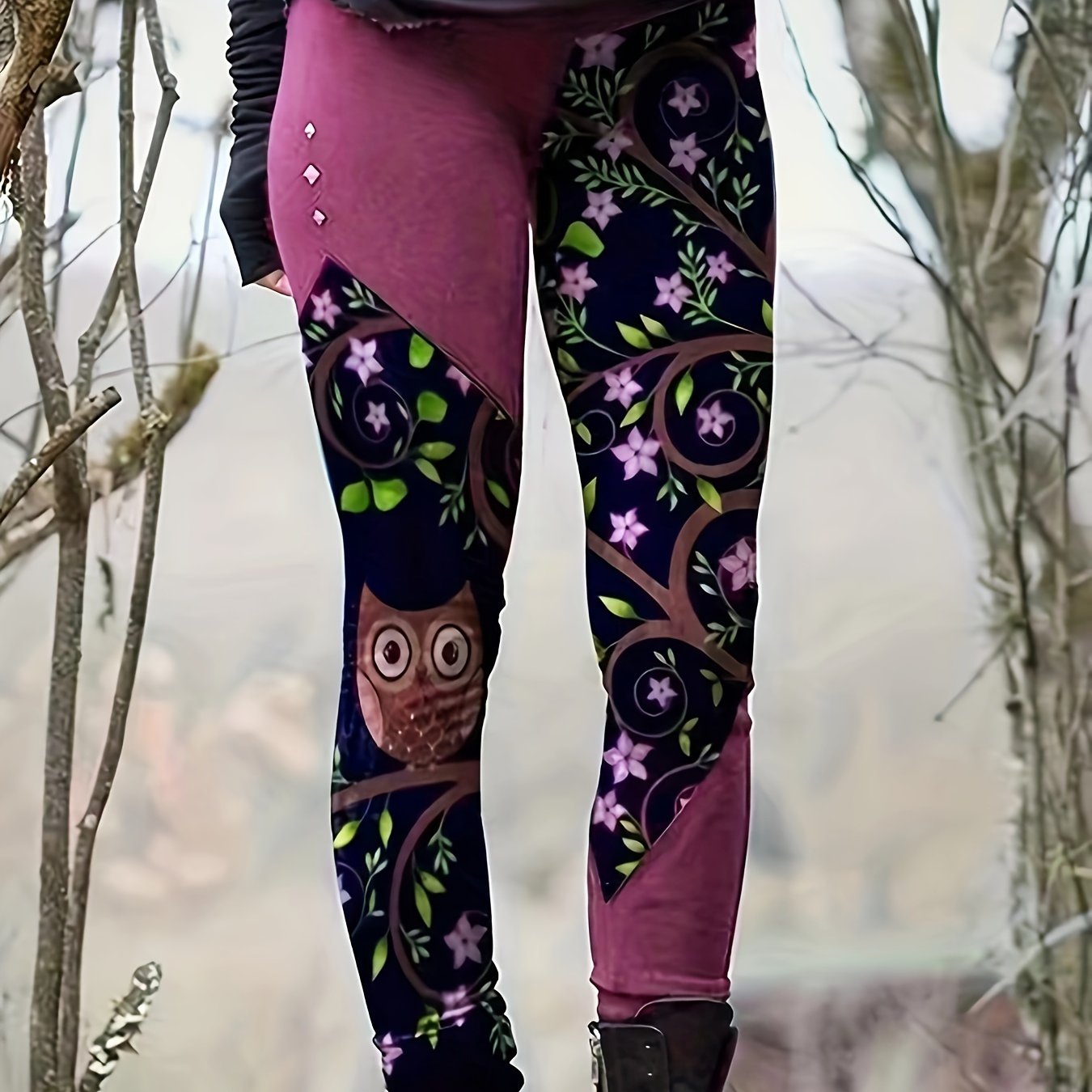 Casual Leggings Women's Plus Colorblock Floral & Owl Print