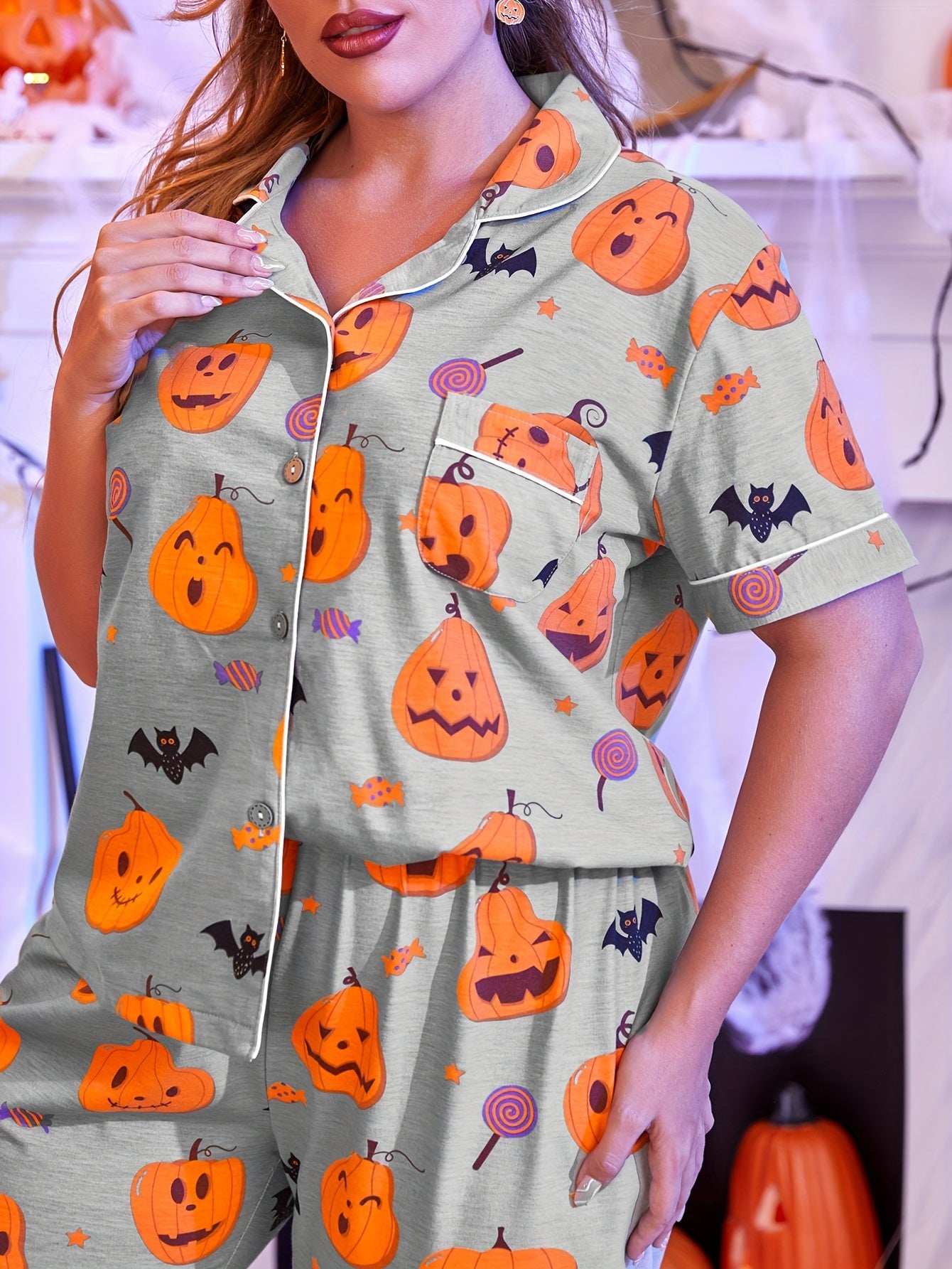 Pumpkin & Bat Print Pajama Set for Women
