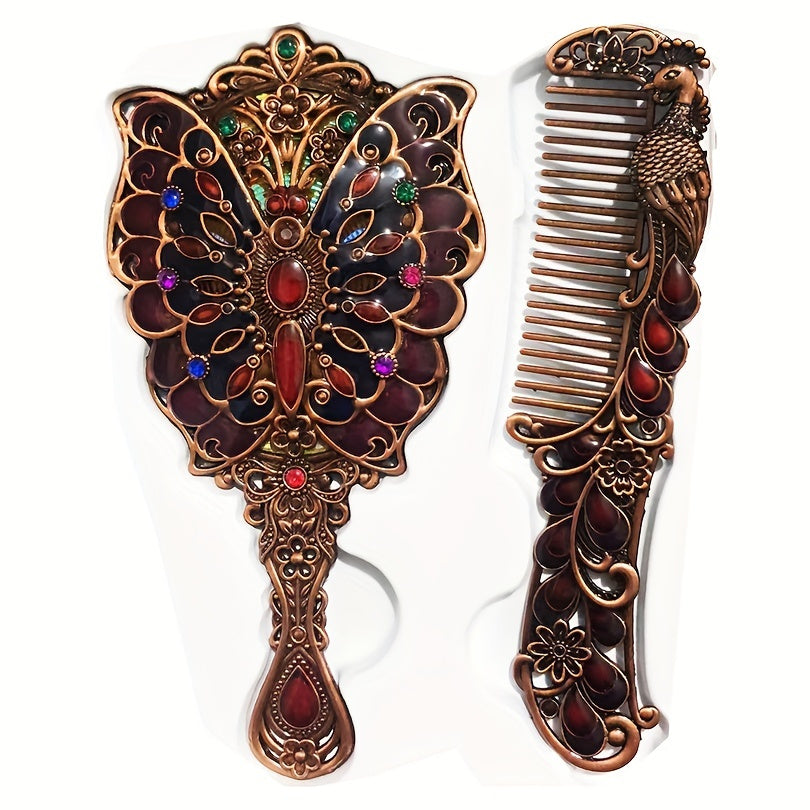 Vintage Hand Mirror with Embossed Butterfly Compact Makeup Beauty Mirror