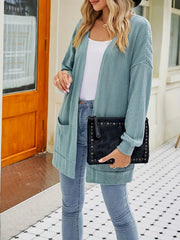 Solid Jacquard Long Sleeve Cardigan With Pockets