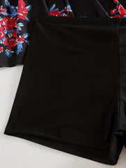 Modest Tankini Set - Floral Print Tie Front Cami Top & Boys