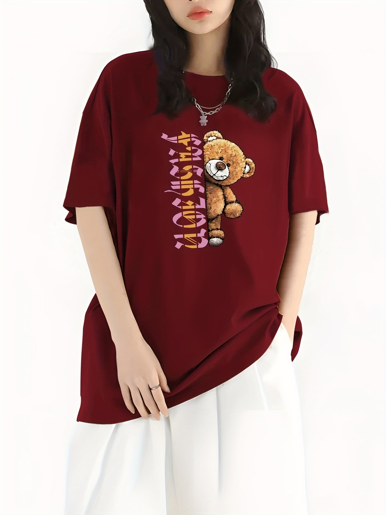 Letter & Bear Print Sports Top Crew Neck T shirt Women's Clothing