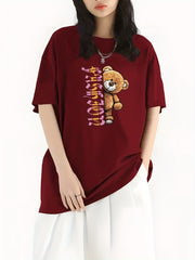 Letter & Bear Print Sports Top Crew Neck T shirt Women's Clothing