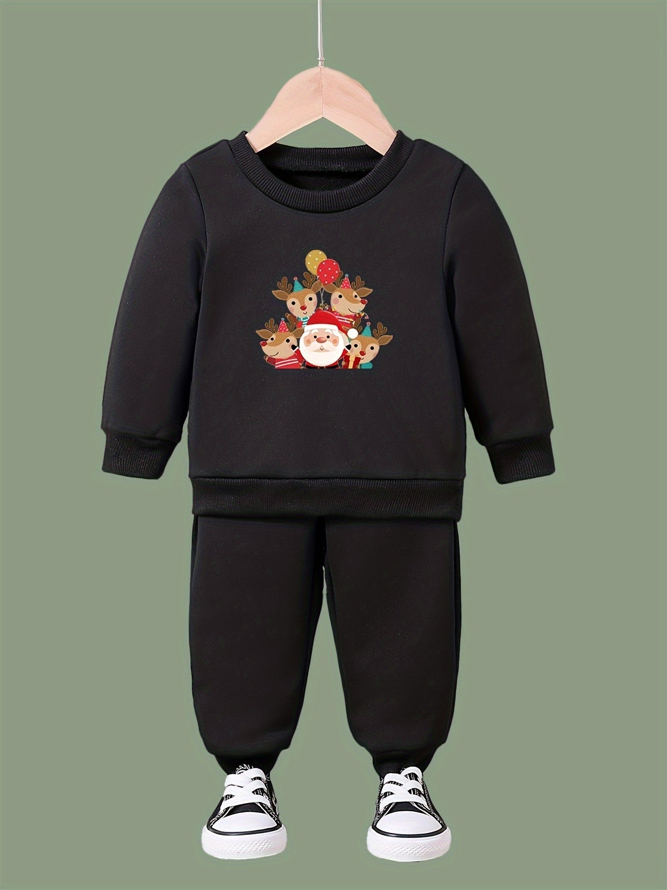 Girls 2pc Santa & Deer Pattern Crew Neck Sweatshirt & Solid Sweatpants Set