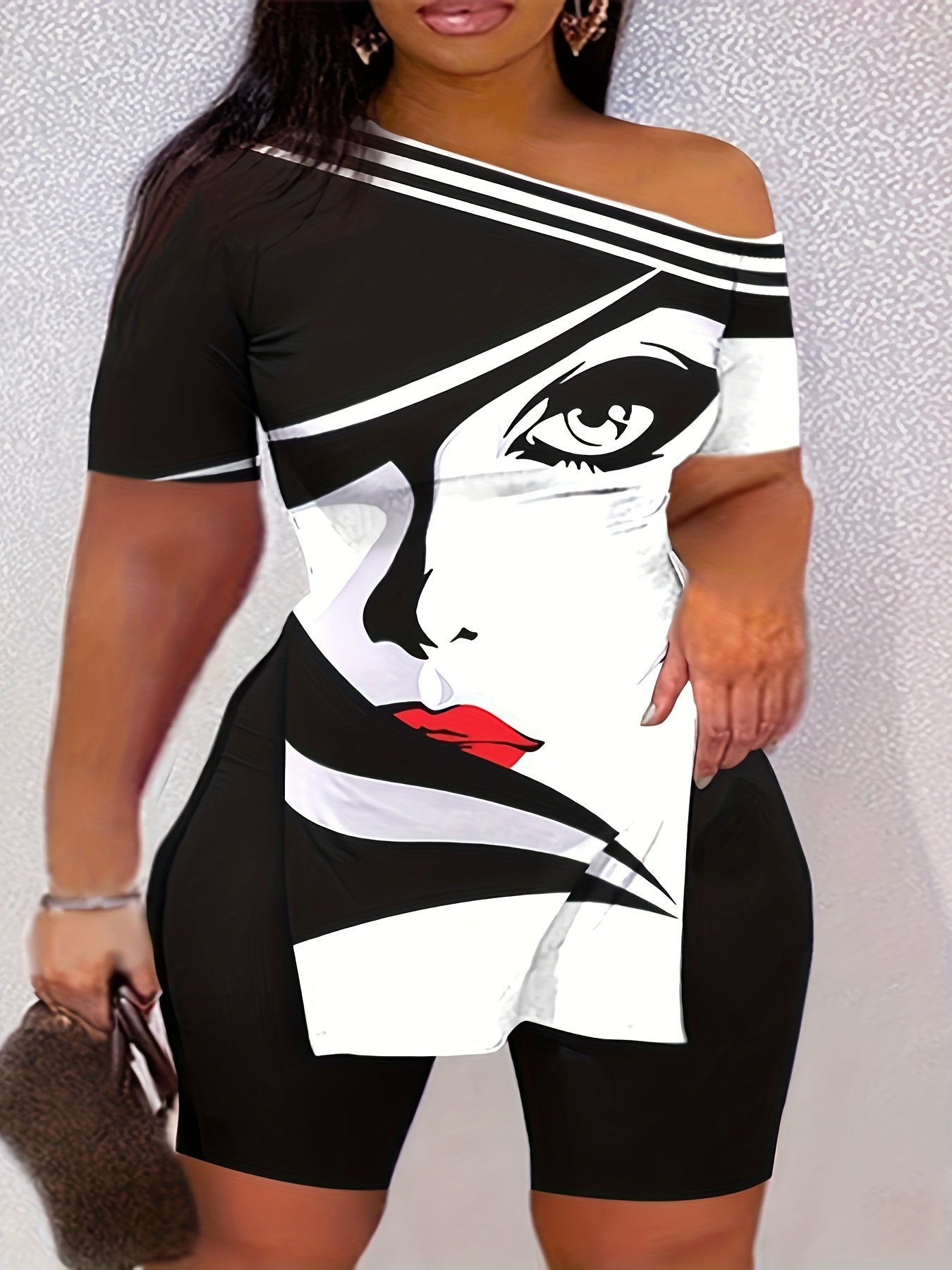 Sexy Cartoon One Shoulder Top & Shorts Set