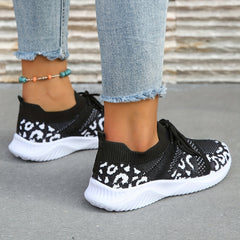 Women's Leopard Print Knit Sports Shoes Breathable Running Sneakers