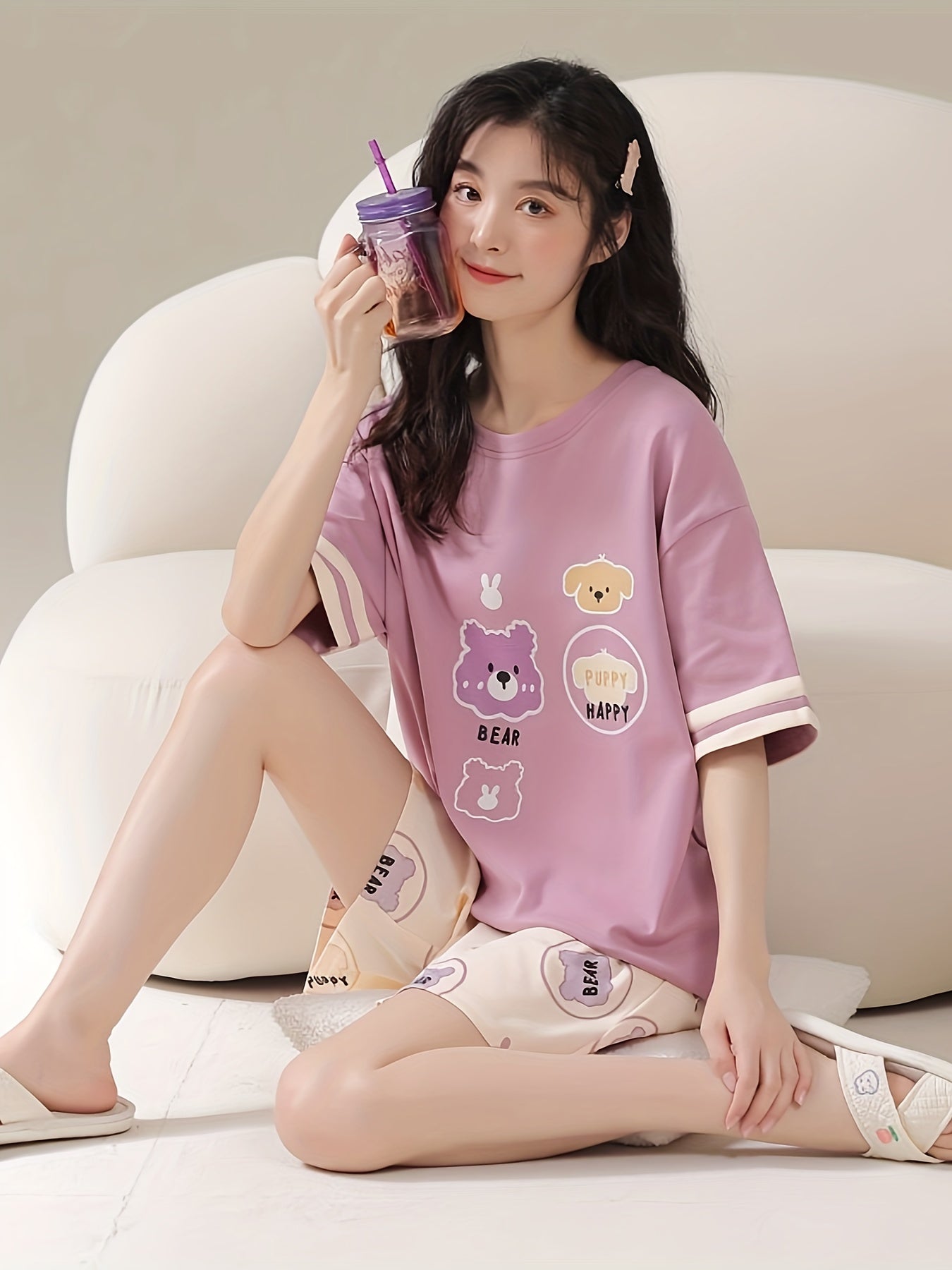 Bear Print Pajama Set Crew Neck Short Sleeve Top & Shorts