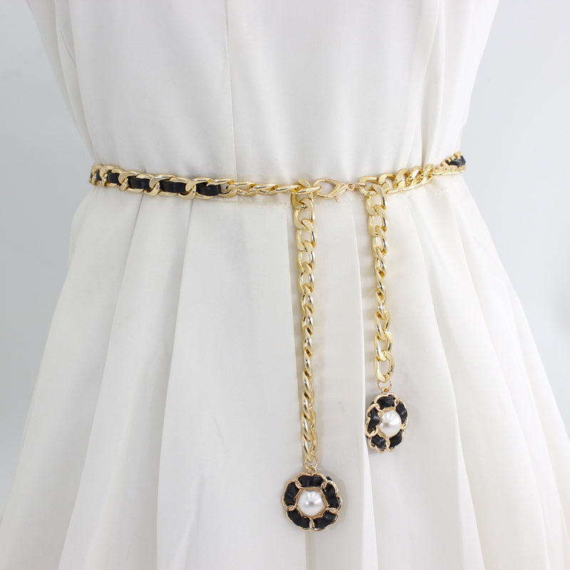 Women's Golden Waist Chain Faux Pearl Flower Pendant Dress Chain
