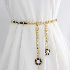 Women's Golden Waist Chain Faux Pearl Flower Pendant Dress Chain