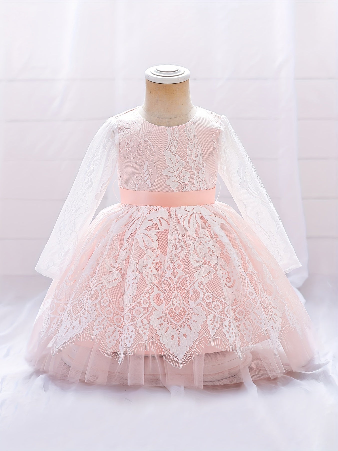 Girls Lace Floral Gown Princess Dress Long Sleeve Mesh Tutu Dress