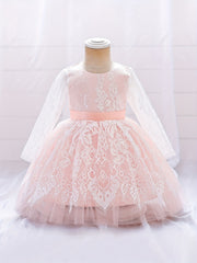 Girls Lace Floral Gown Princess Dress Long Sleeve Mesh Tutu Dress