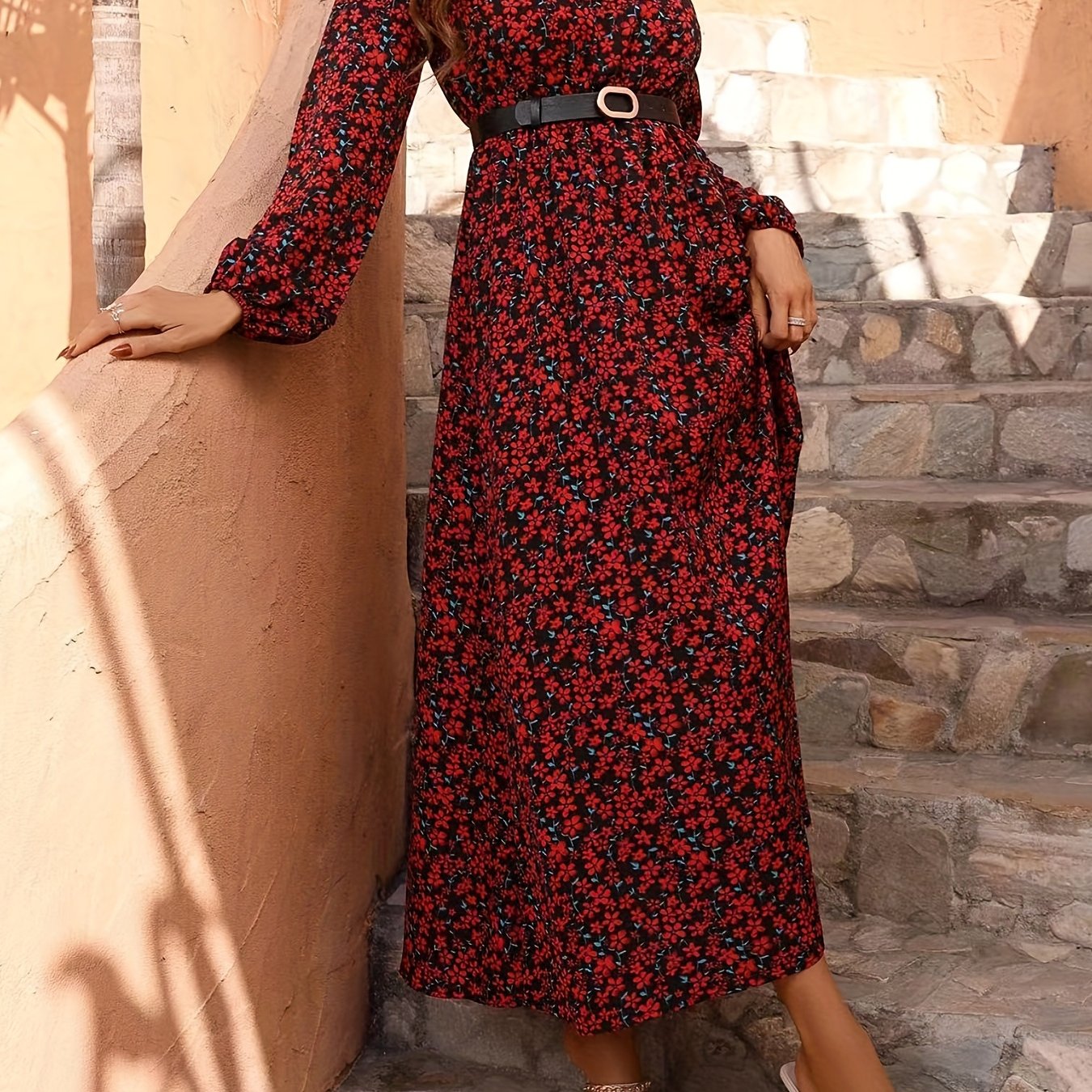 Floral Print V Neck Maxi Dress Long Sleeve High Waist