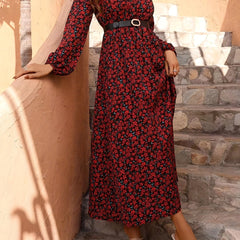 Floral Print V Neck Maxi Dress Long Sleeve High Waist