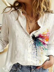 Plus Dragonfly Print Button Up Long Sleeve Blouse