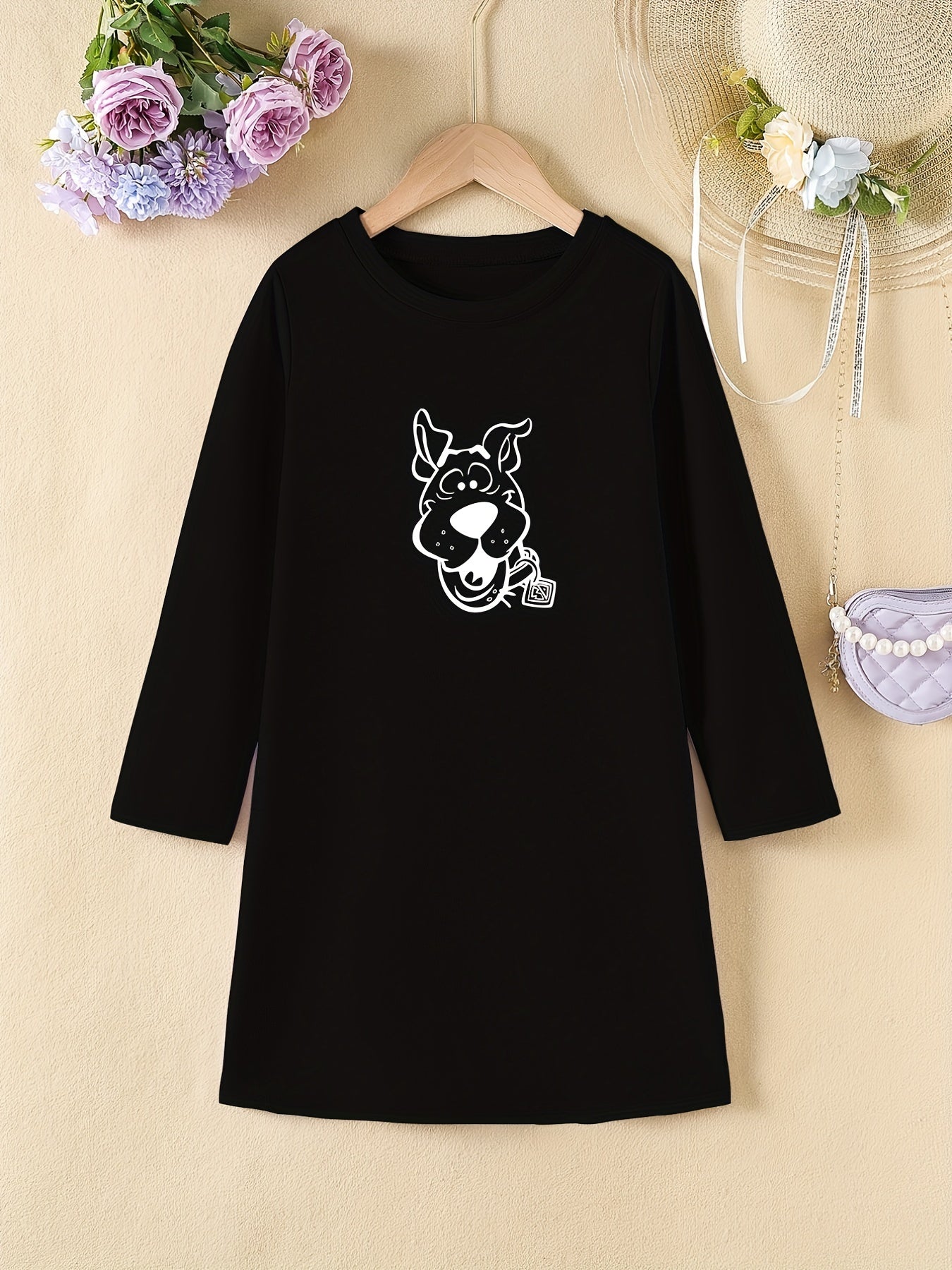 Girls' Donkey Head Print Long Sleeve Casual Dress