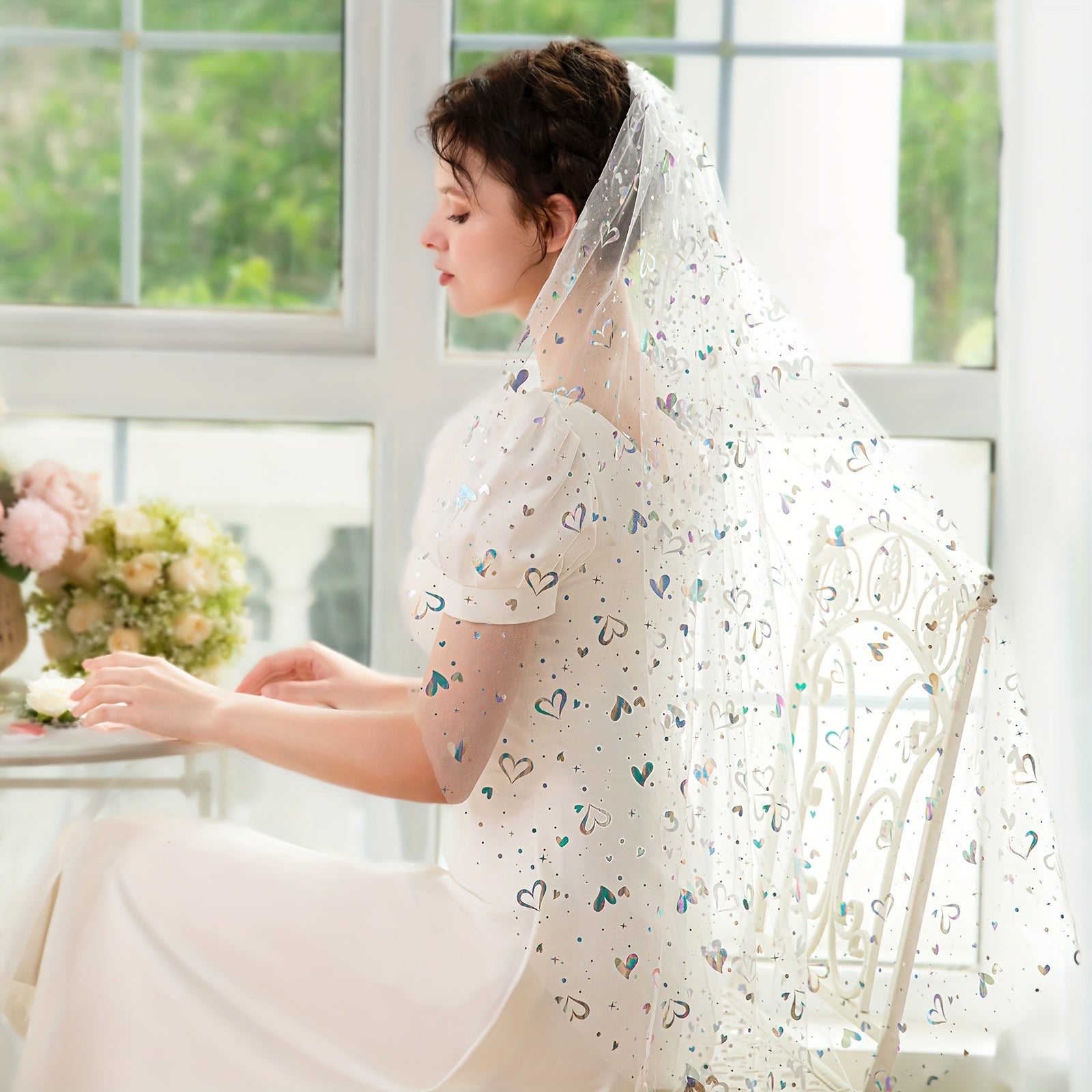 Short Bridal Veil with Floral Print and Comb
