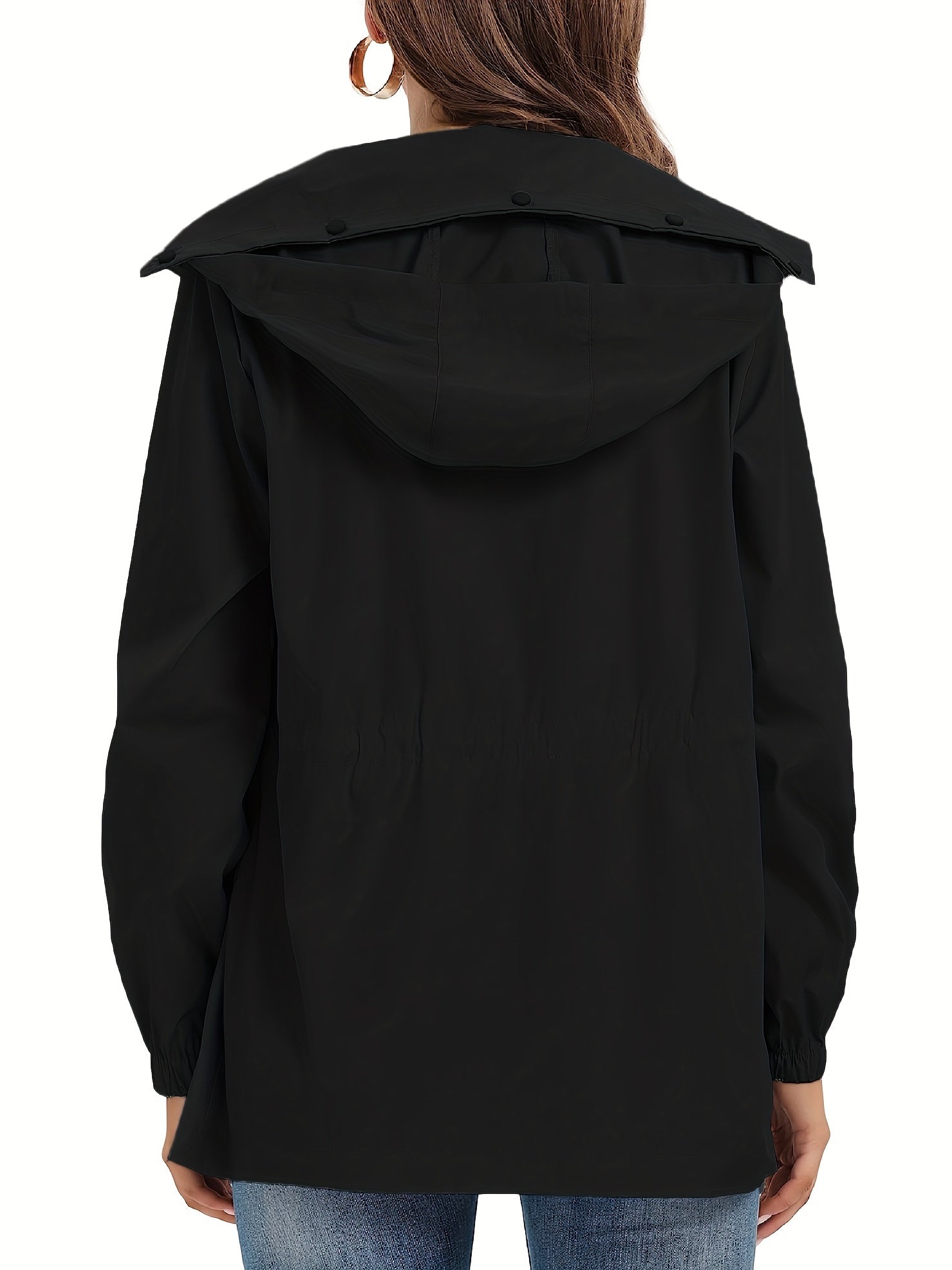Solid Hooded Rain Jacket Zip Up Long Sleeve Outerwear