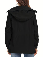 Solid Hooded Rain Jacket Zip Up Long Sleeve Outerwear