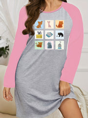 Nine Squares & Cat Print Raglan Sleeve Round Neck Tee Sleep Dress