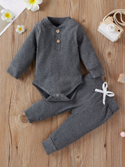 Ribbed Long Sleeve Pullover Creeper Tops Pants 2PCS Set