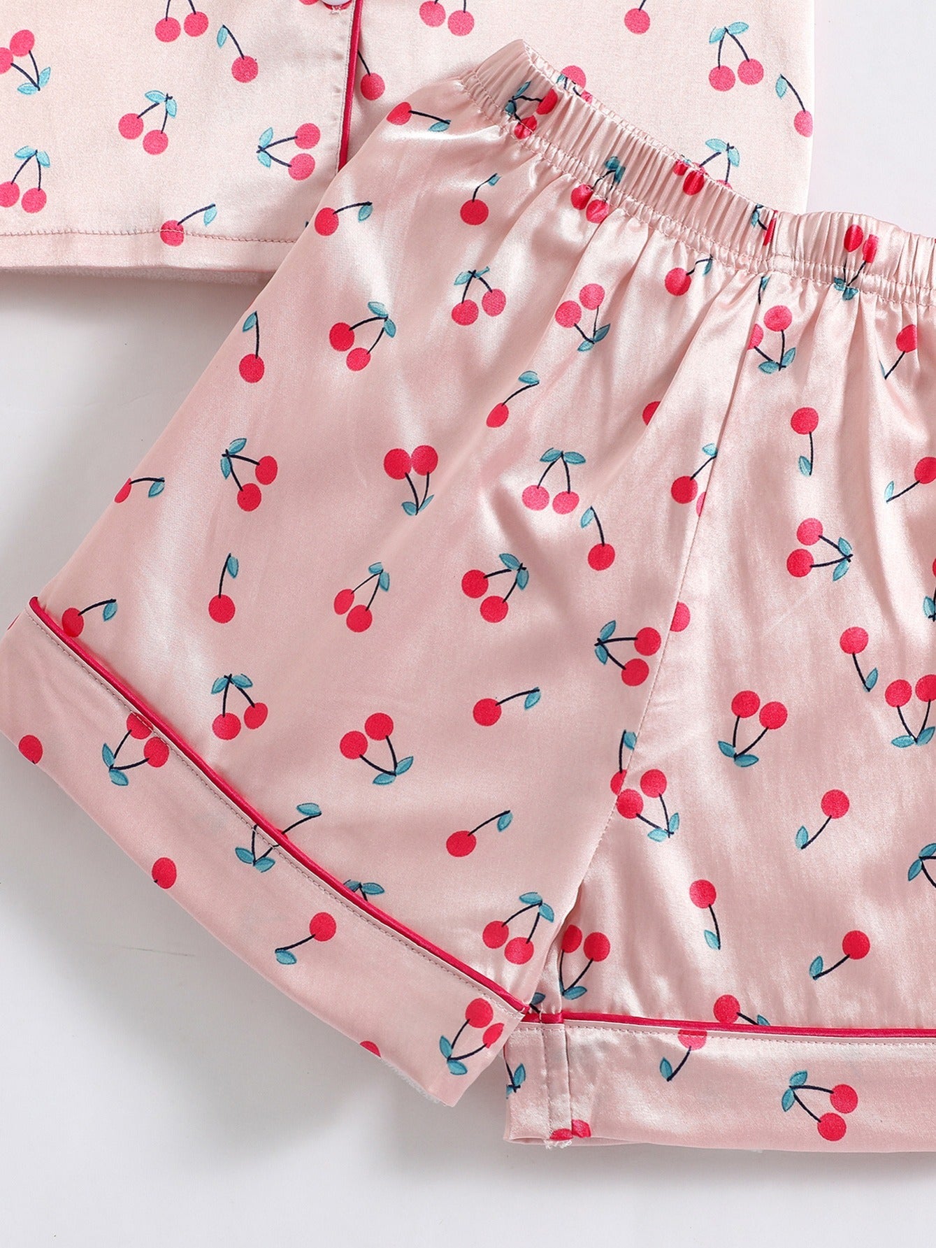 Girls Cherry Print Satin Pajama Set with Lapel Neck