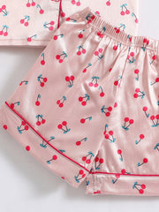 Girls Cherry Print Satin Pajama Set with Lapel Neck