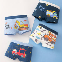 4pcs Boy's Cotton Boxer Briefs Excavator Truck Print Shorts
