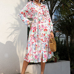 Women's Plus Floral Print Button Up Long Sleeve Polo Neck Shirt Dress