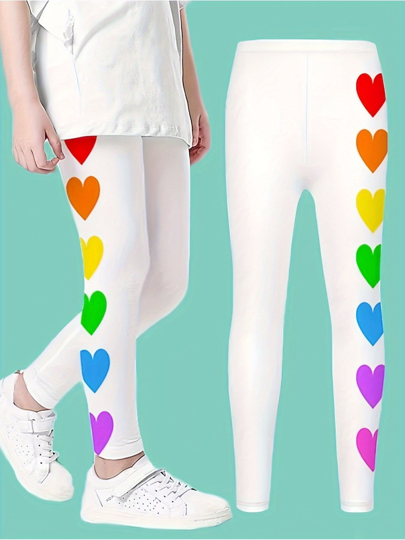 Girls Heart Graphic Leggings Comfy & Casual Pants For Sports Yoga