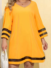 Colorblock Mesh Long Sleeve V Neck Dress