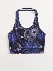 Moon & Sun Print Halter Top Sleeveless Summer Top