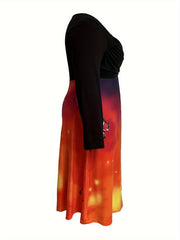 Colorblock Ombre & Butterfly Print Long Sleeve Dress