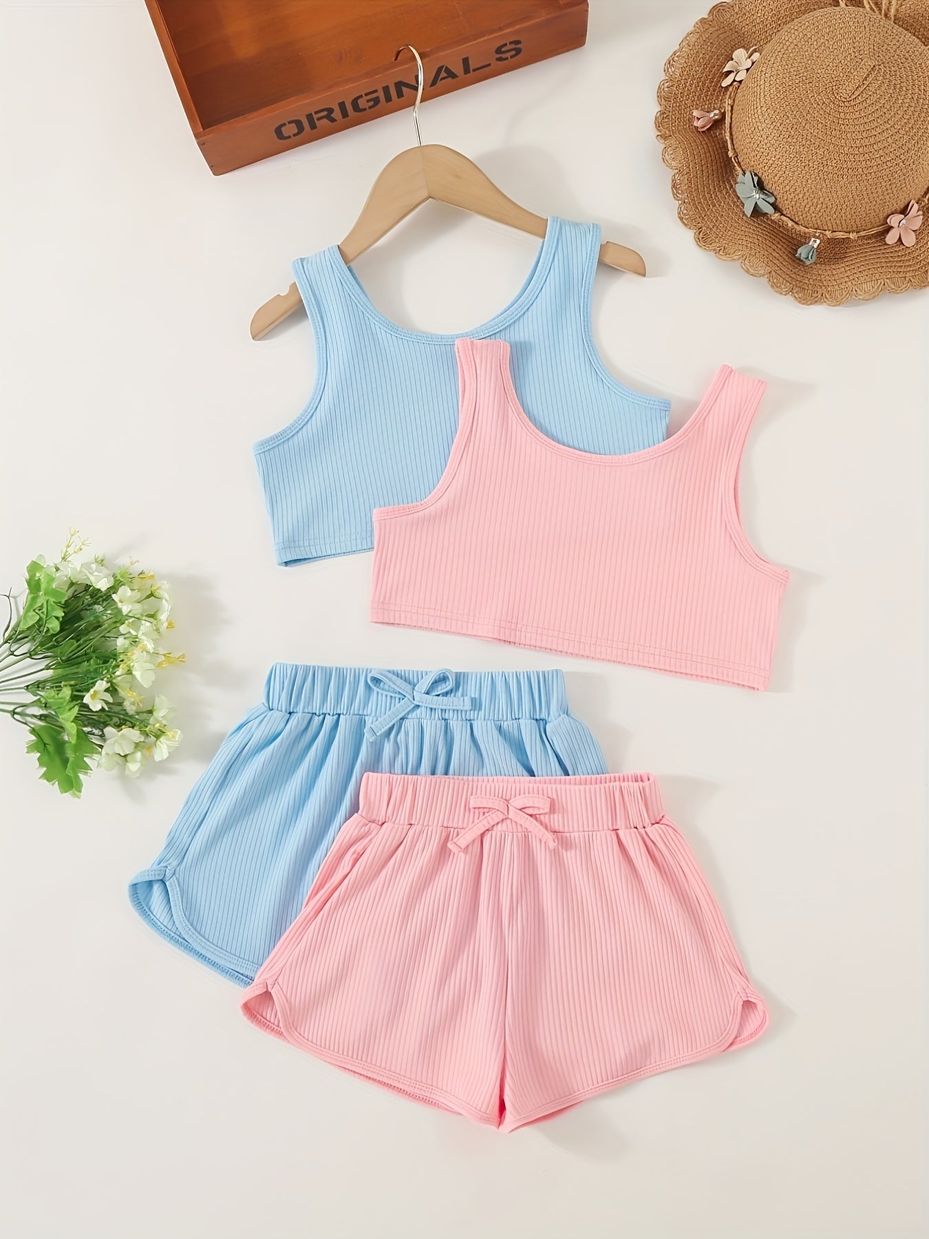 Girls Ribbed Crop Tank Top & Track Shorts Set Kids Summer Clothes