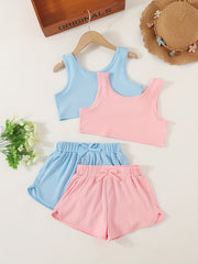 Girls Ribbed Crop Tank Top & Track Shorts Set Kids Summer Clothes