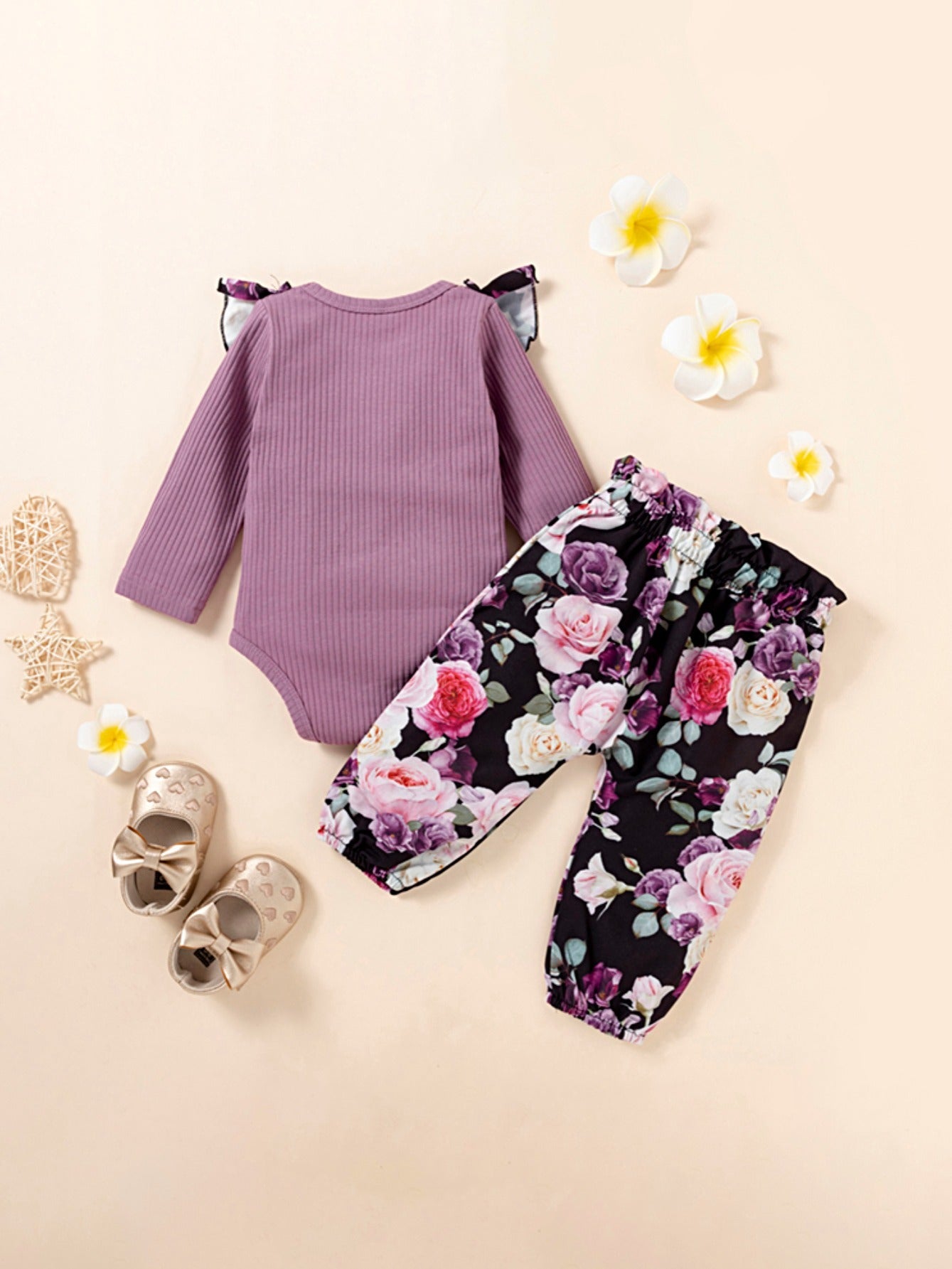 Baby Girl Botanical Floral Ruffled Romper & Pants Set