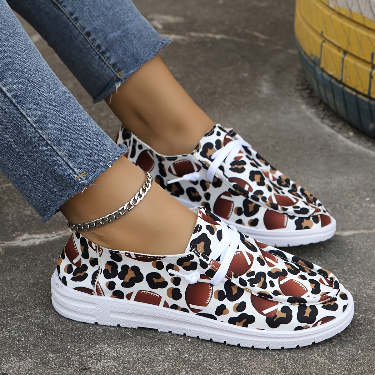 Leopard Rugby Pattern Flat Shoes Women Slip On Casual Shoes Lightweight Soft Com