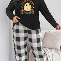 Halloween Pajama Set Women's Plus Ghost & Pumpkin Print Tee & Plaid