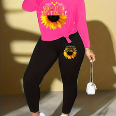 Sunflower & Art Letter Print Top & Leggings Set